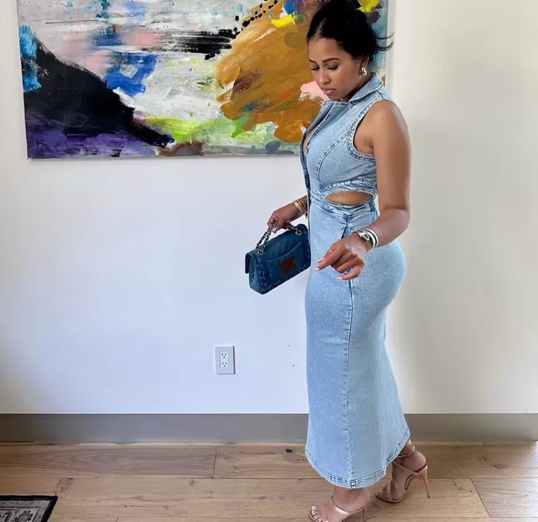 Denim Cutout Maxi Dress - GLITCH-BELLE