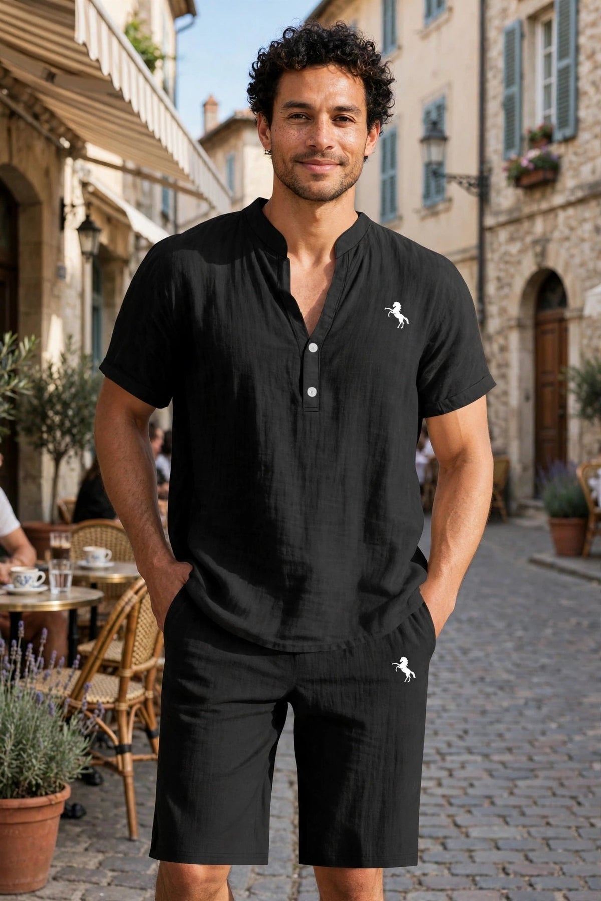 Men's 2-Piece Linen Set – Short Sleeve Henley T-Shirt & Drawstring Beach Shorts - GLITCH-BELLE