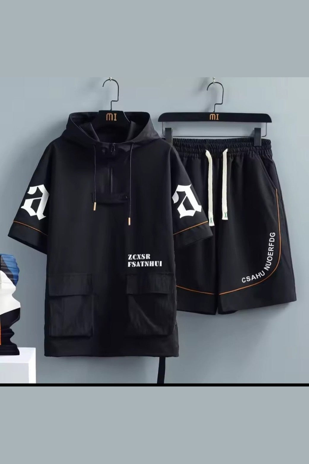Men's Hip Hop Tracksuit Set – Short Sleeve Hoodie & Elastic Waist Shorts - GLITCH - BELLE