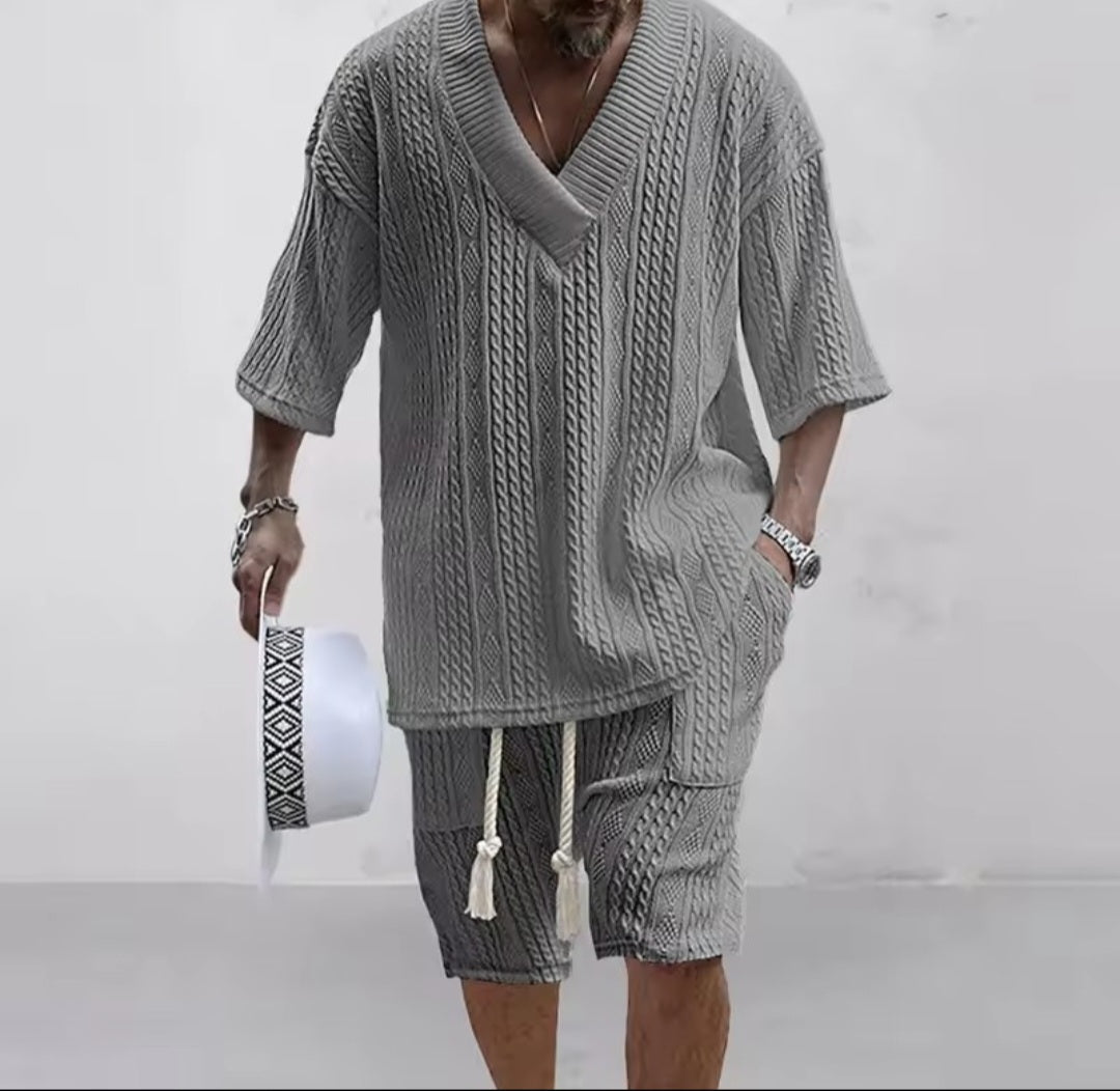 Men's Knitted Two - Piece Short Set – V - Neck Short Sleeve Top & Drawstring Shorts | Street Casual - GLITCH - BELLE