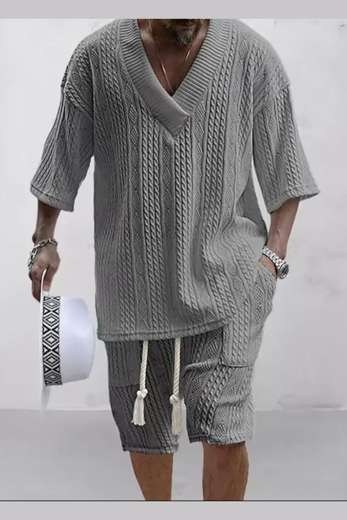 Men's Knitted Two - Piece Short Set – V - Neck Short Sleeve Top & Drawstring Shorts | Street Casual - GLITCH - BELLE