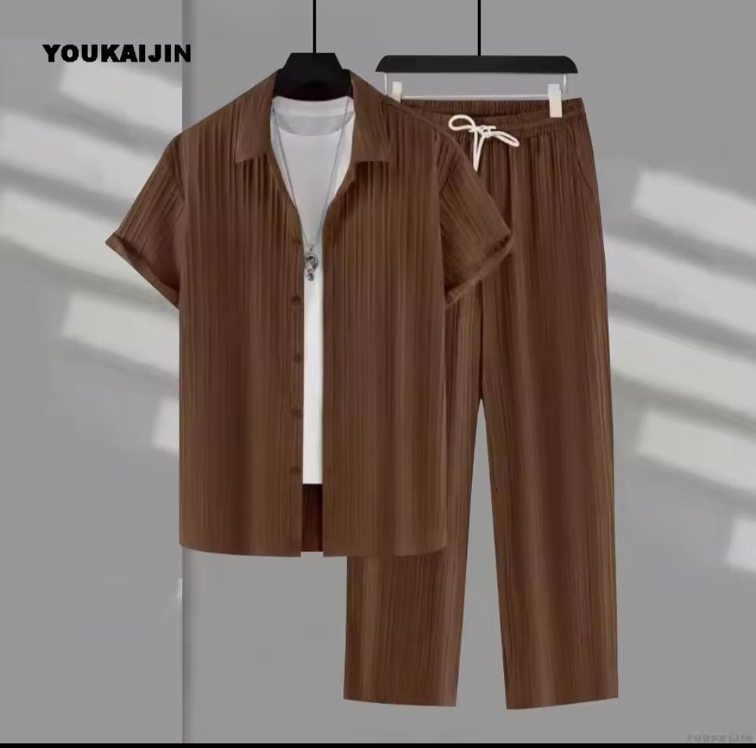 Men's Vertical Stripe Lapel Shirt & Drawstring Pants Set - GLITCH-BELLE