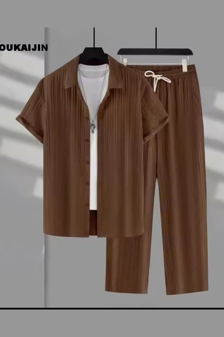 Men's Vertical Stripe Lapel Shirt & Drawstring Pants Set - GLITCH-BELLE