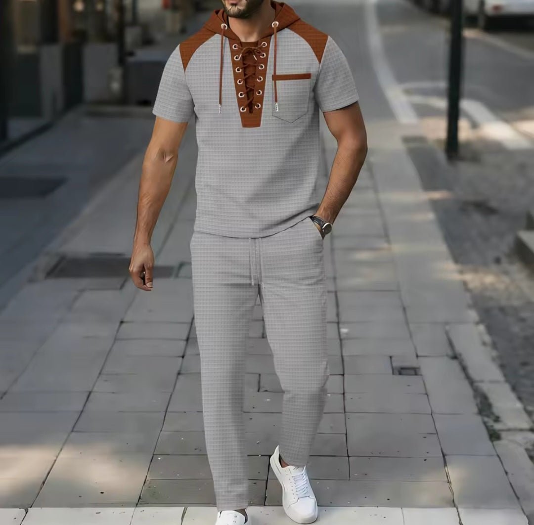 Men's Waffle Fabric Hooded Lace - Up Two - Piece Set | T-Shirt & Pants - GLITCH - BELLE