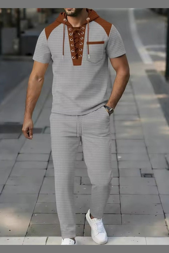 Men's Waffle Fabric Hooded Lace - Up Two - Piece Set | T-Shirt & Pants - GLITCH - BELLE