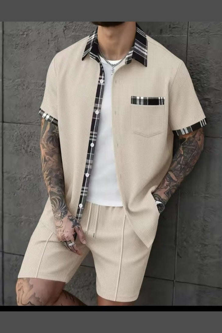 Men's Waffle Knit Short Sleeve Shirt & Shorts Two - Piece Set | Casual Streetwear Tracksuit - GLITCH - BELLE