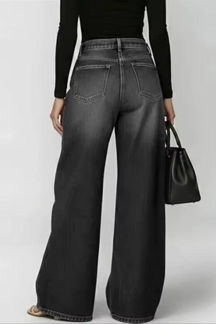 Metal Grommet Wide Leg Jeans – High - Waist Streetwear Denim - GLITCH - BELLE