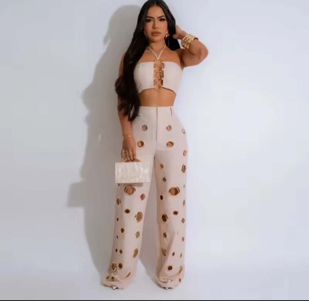 Metal Ring Hollow Out Two Piece Set – Strapless Lace - Up Halter Crop Top & Wide Leg Pants - GLITCH - BELLE