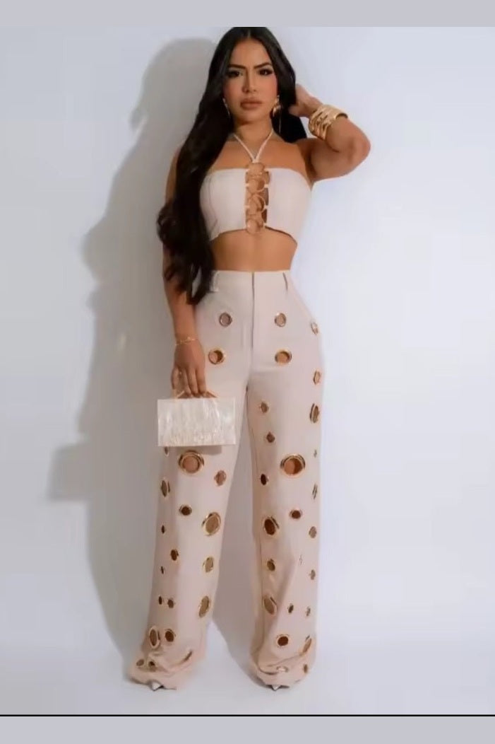 Metal Ring Hollow Out Two Piece Set – Strapless Lace - Up Halter Crop Top & Wide Leg Pants - GLITCH - BELLE