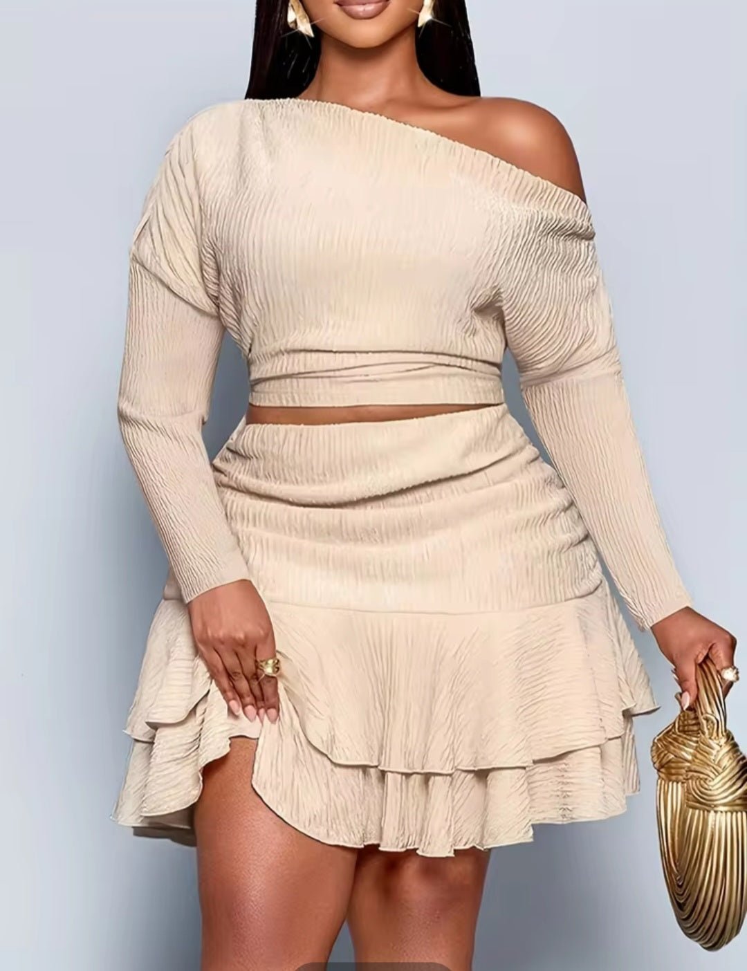Off-Shoulder Ruffle Hem Crop Top & Mini Skirt Set – Washed Crepe - GLITCH-BELLE