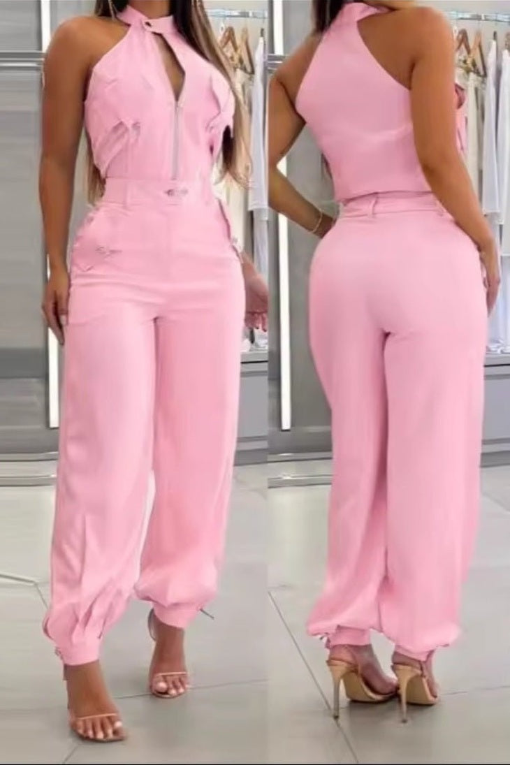 2025 Summer Women's Sleeveless Slim Fit Top & Wide-Leg Work Pants 2-Piece Suit - GLITCH-BELLE