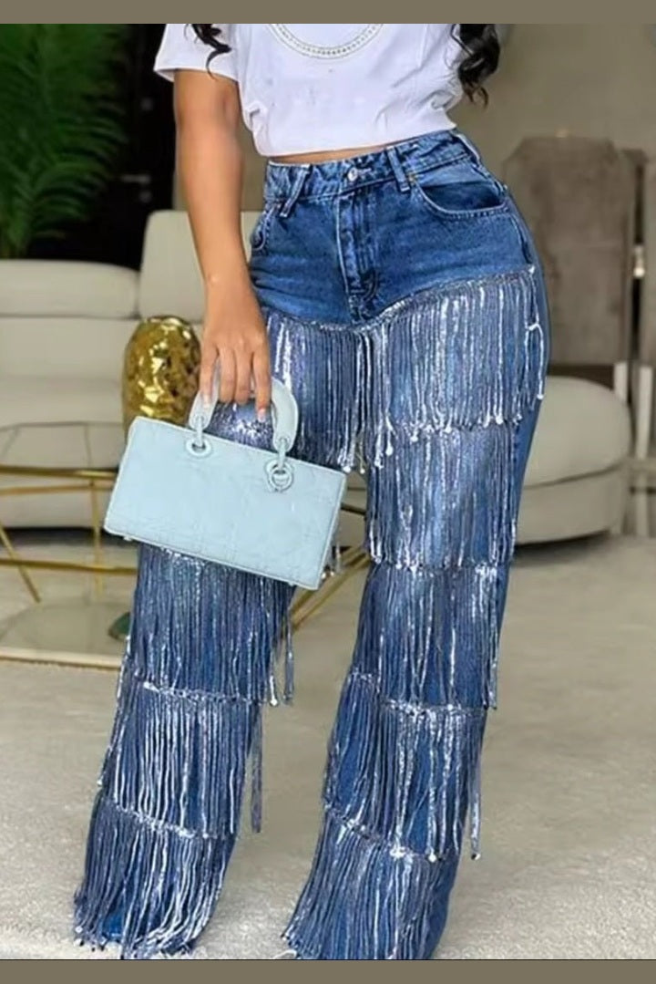 Women's Fringe Straight - Leg Jeans – Mid - Waist Casual Denim Pants - GLITCH - BELLE