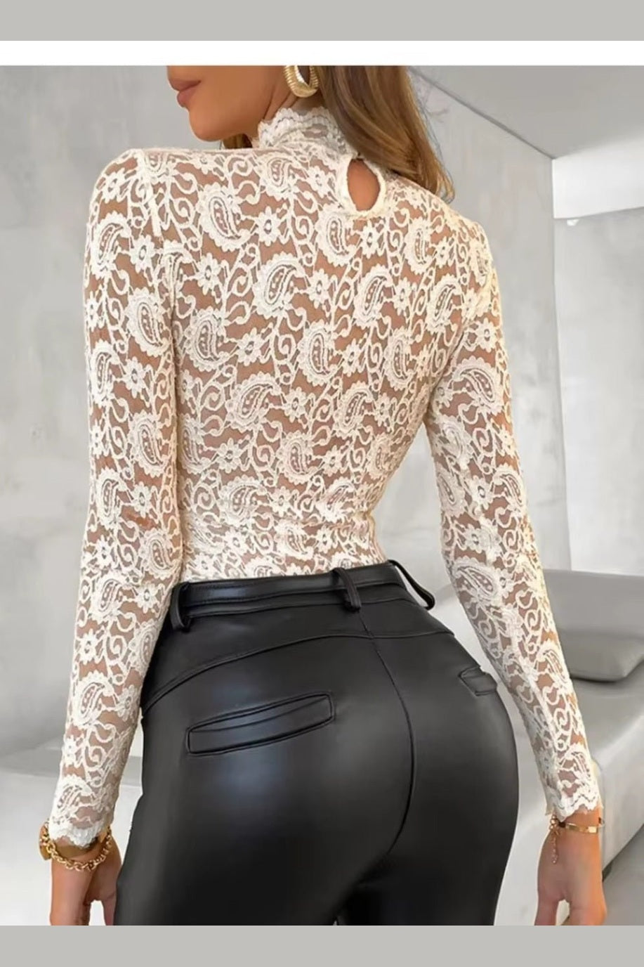 Mock Neck Long Sleeve Lace Top – Women's Skinny Sheer Blouse - GLITCH-BELLE