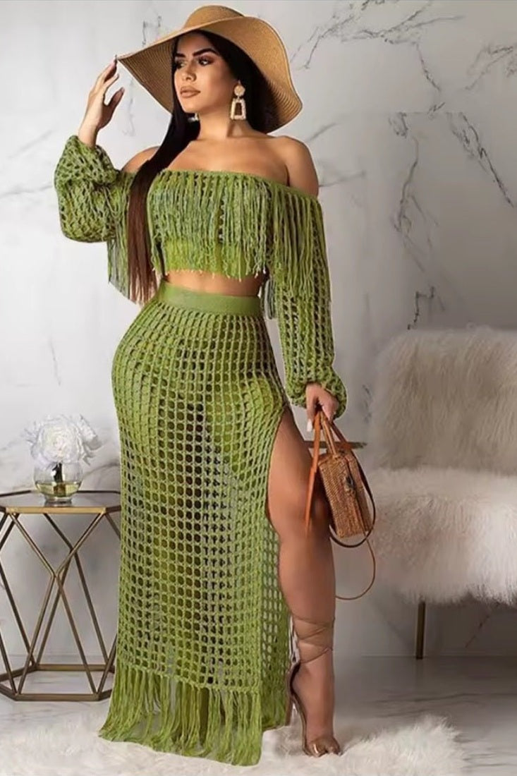 Skirt 2 Piece Set Women Beach Long Skirts Suit Top Off Shoulder Tassels Sexy Hollow Out Ensemble 2025 Summer Female Outfits