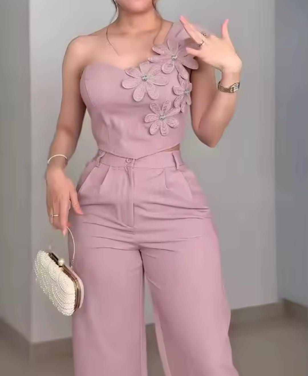 Rhinestone 3D Floral One Shoulder Sleeveless Shirred Back Top & High Waist Wide Leg Pants 2 - Piece Set - GLITCH - BELLE