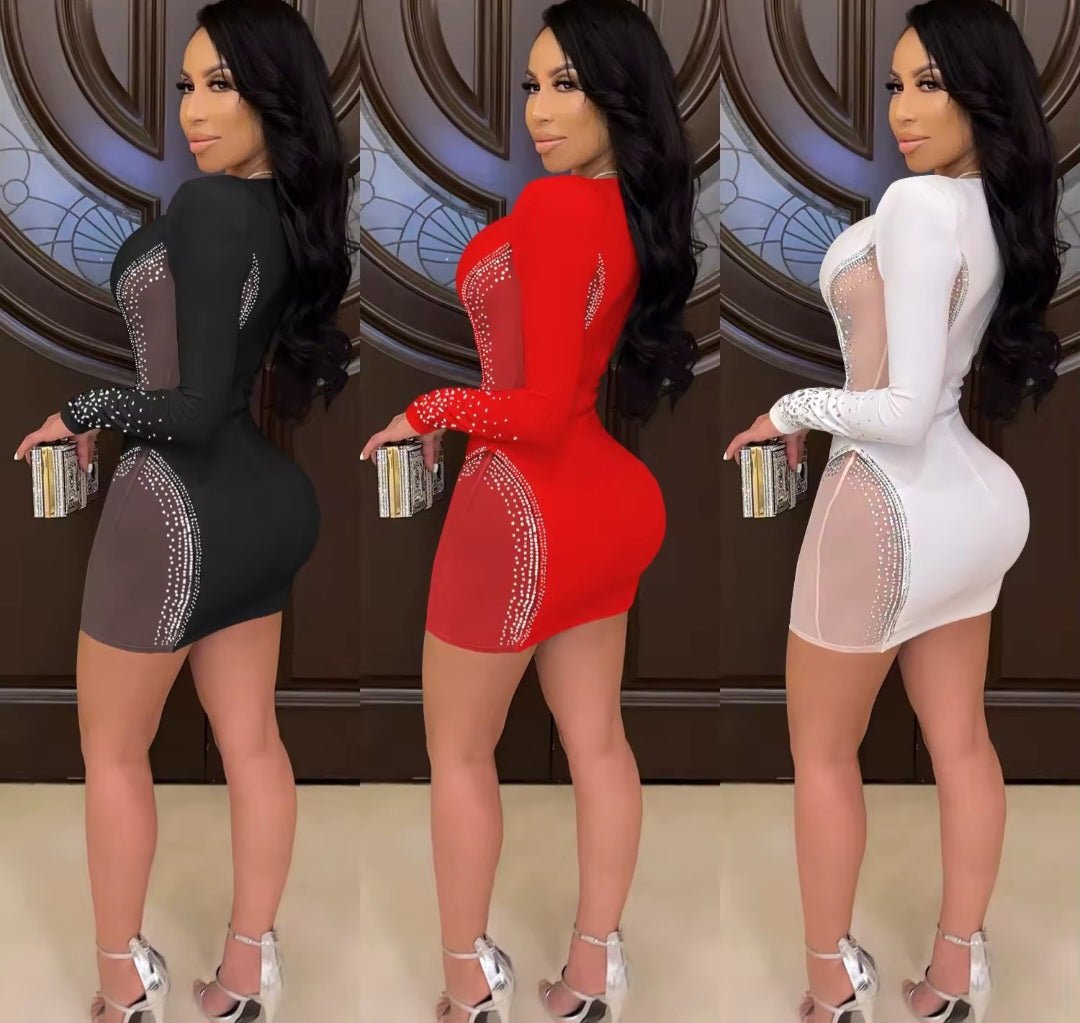 Long Sleeve Color Block Deep V - Neck Bodycon Mini Dress - GLITCH - BELLE