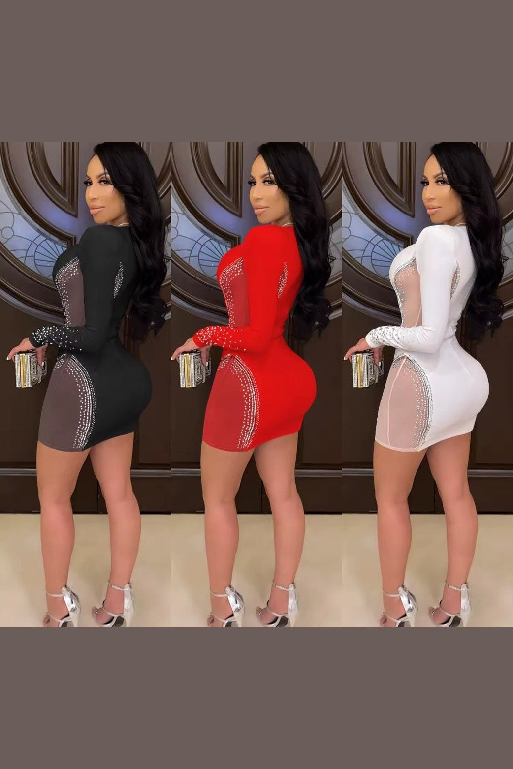 Long Sleeve Color Block Deep V - Neck Bodycon Mini Dress - GLITCH - BELLE