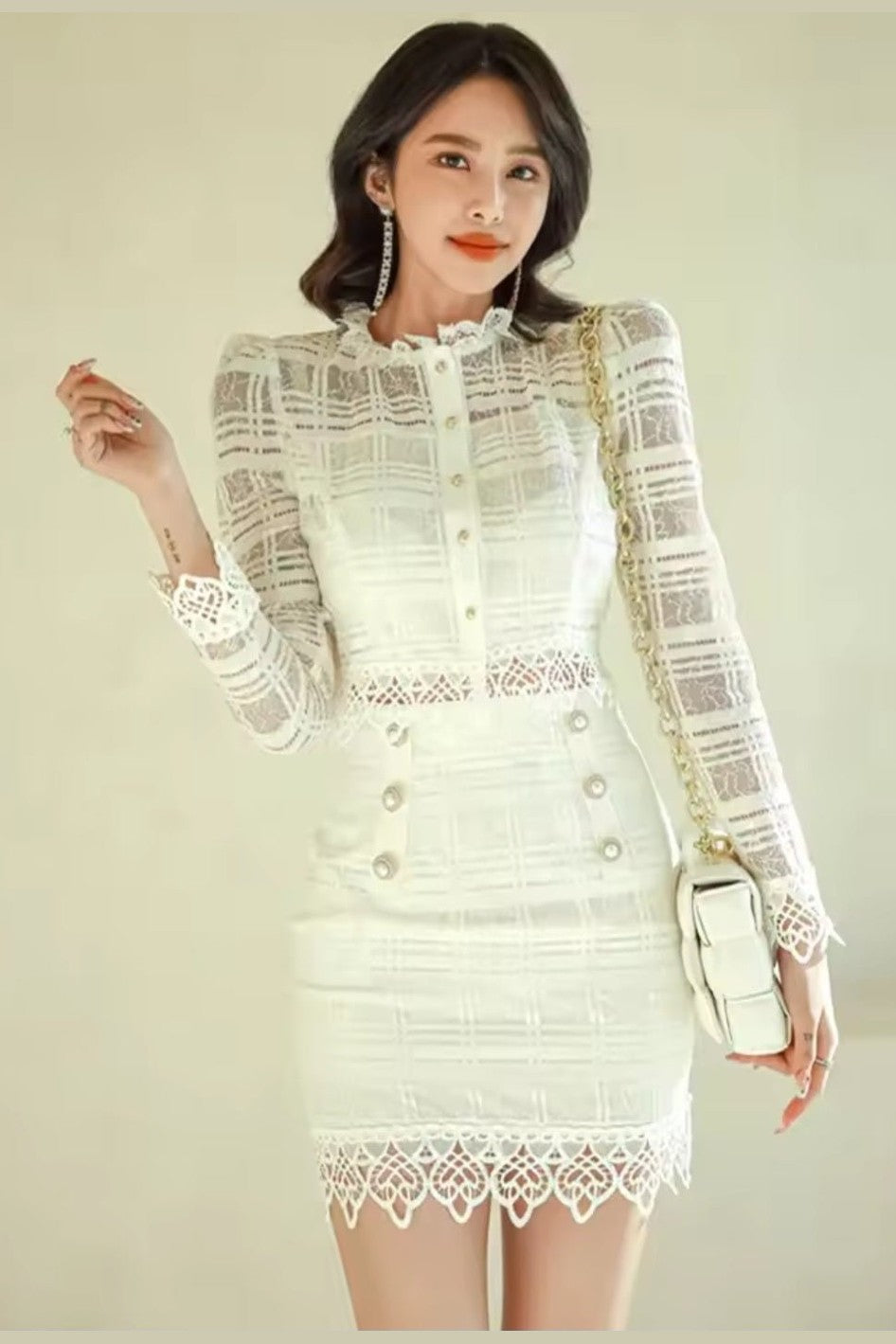 Women's Autumn Long Sleeve Lace Top & High Waist Wrap Hip Pencil Skirt Office Suit - GLITCH-BELLE