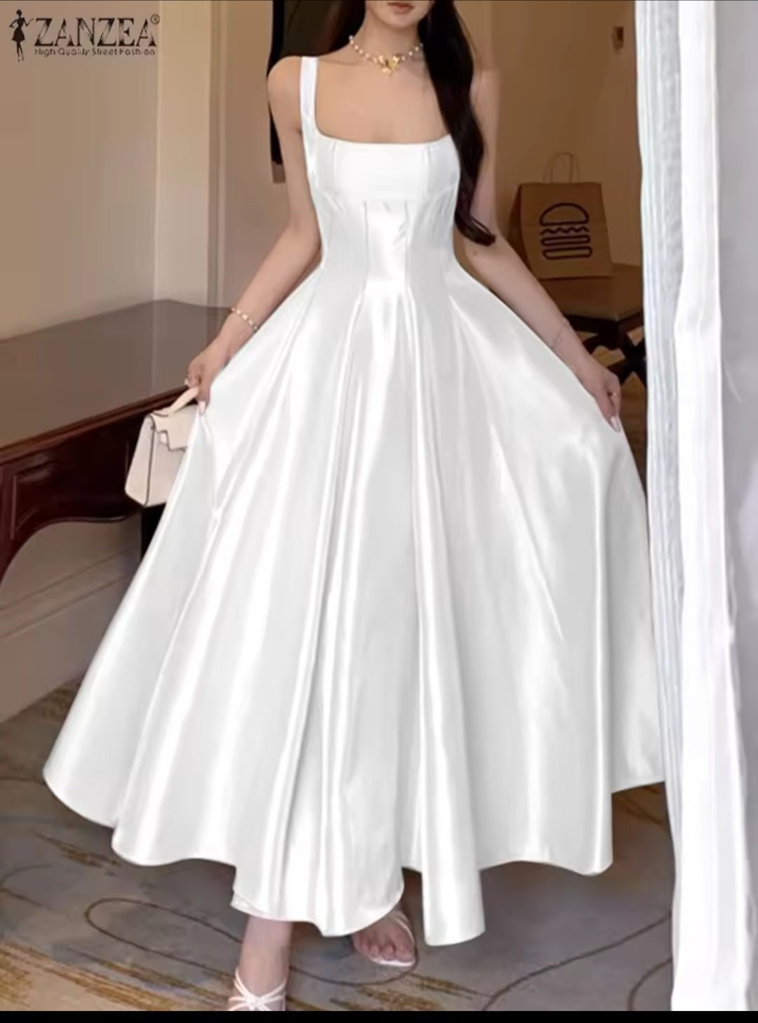ZANZEA Women's Elegant Satin Long Dress - Wedding Guest Cocktail Evening Party Dress - GLITCH - BELLE