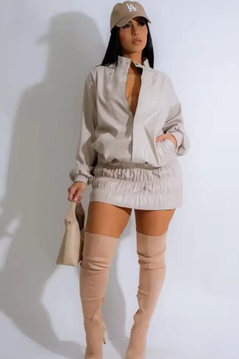 Mini Ruched Skirt & PU Leather Jacket Two-Piece Set – Women's Fall Casual Street Night Club Outfit 2025 - GLITCH-BELLE