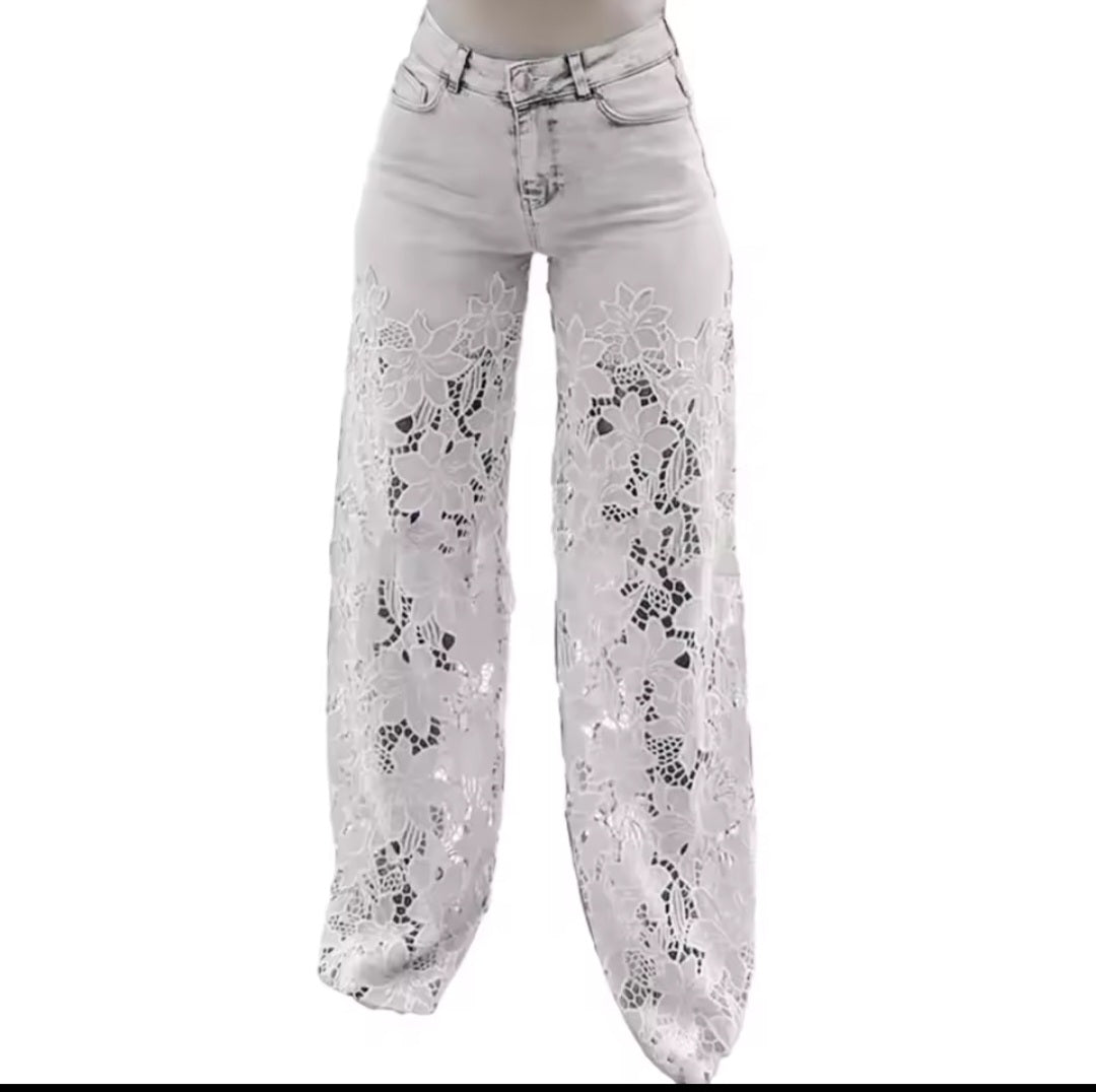 Women's Lace Cut - Out High Waist Wide Leg Denim Pants - GLITCH - BELLE