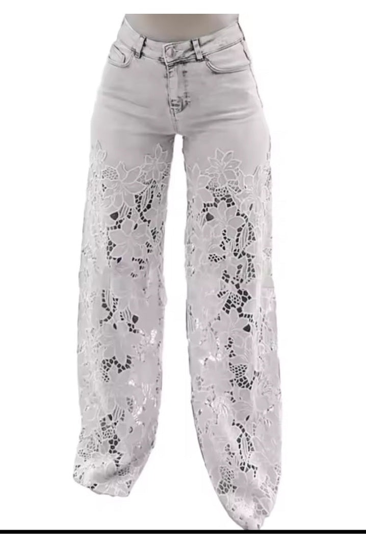 Women's Lace Cut - Out High Waist Wide Leg Denim Pants - GLITCH - BELLE