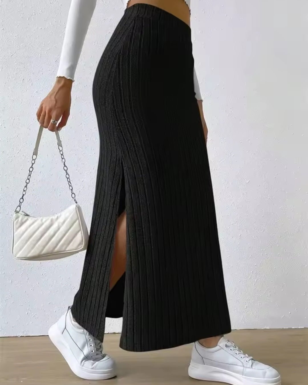 Women's Rib - Knit Side Split Maxi Skirt – High Waist Elegant Straight Skirt - GLITCH - BELLE