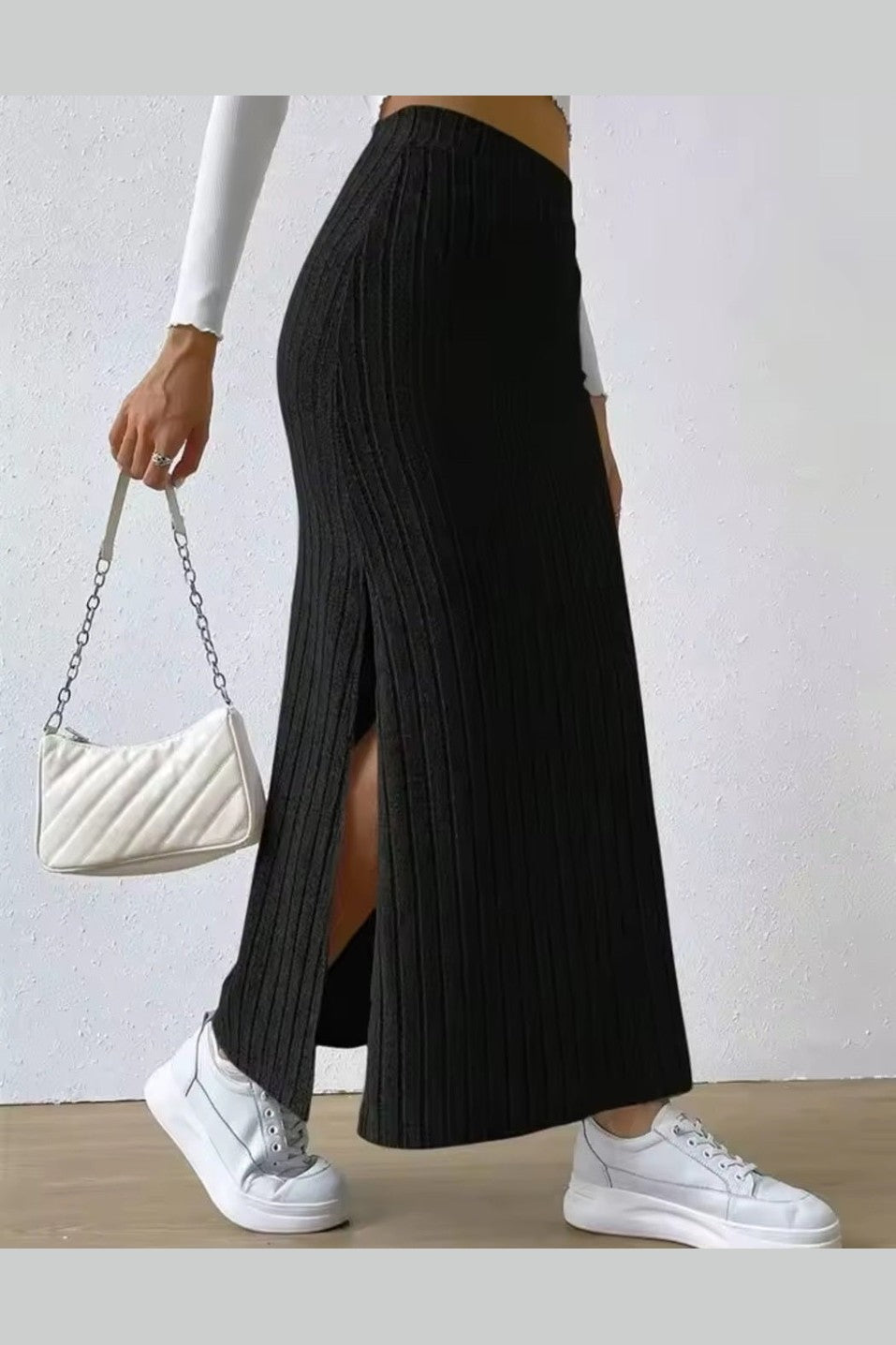 Women's Rib-Knit Side Split Maxi Skirt – High Waist Elegant Straight Skirt - GLITCH-BELLE