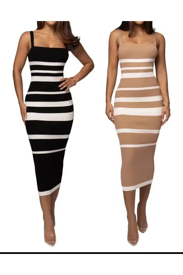 Striped Bodycon Midi Dress – Women's Square Neck Sleeveless Slim Dress - GLITCH-BELLE