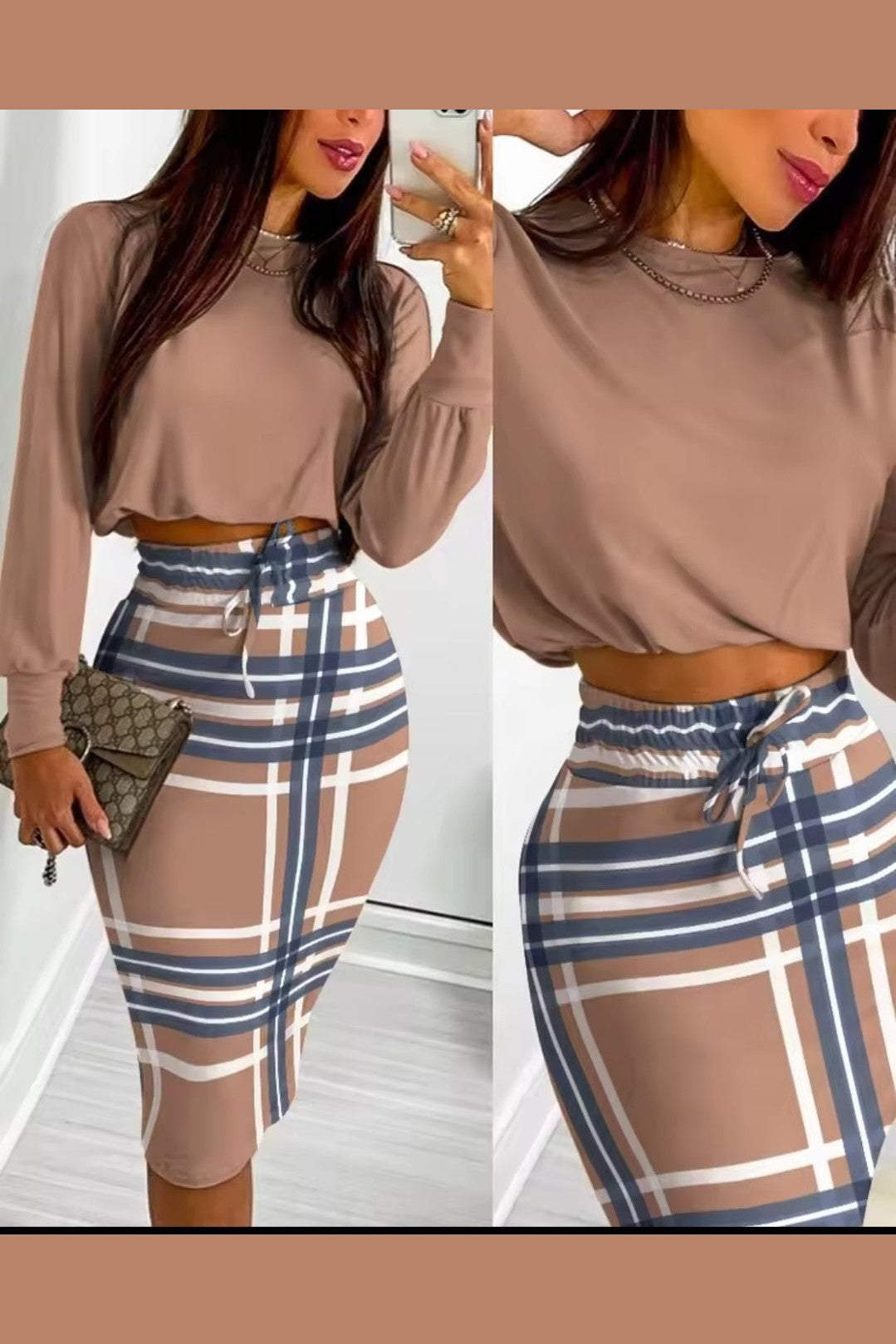 GLITCH-BELLE Women's Plaid Long Sleeve Top & Midi Skirt Set - GLITCH-BELLE