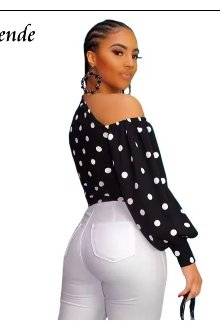 Polka Dot Lantern Sleeve Crop Blouse – Women's One-Shoulder Slash Neck Top - GLITCH-BELLE