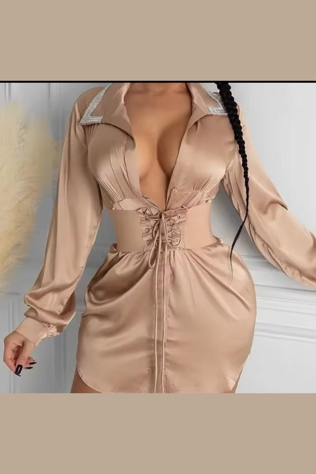 Slim High Waist Bandage Mini Dress – Women's Sexy Long Sleeve Turn - Down Collar Spring Summer Dress - GLITCH - BELLE