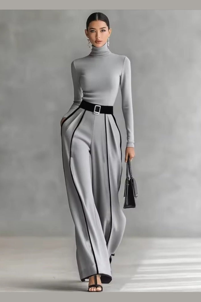 Spring Women's Color Matching Two-Piece Set – High Neck Slim Top & Wide-Leg Pants Suit - GLITCH-BELLE