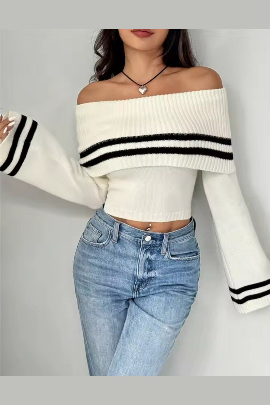 One-Shoulder Bell Sleeve Crop Sweater – Women's Striped Knit Pullover Top - GLITCH-BELLE