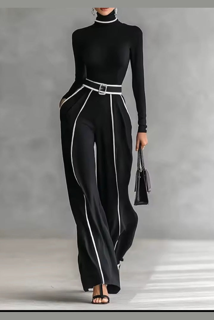 Spring Women's Color Matching Two-Piece Set – High Neck Slim Top & Wide-Leg Pants Suit - GLITCH-BELLE