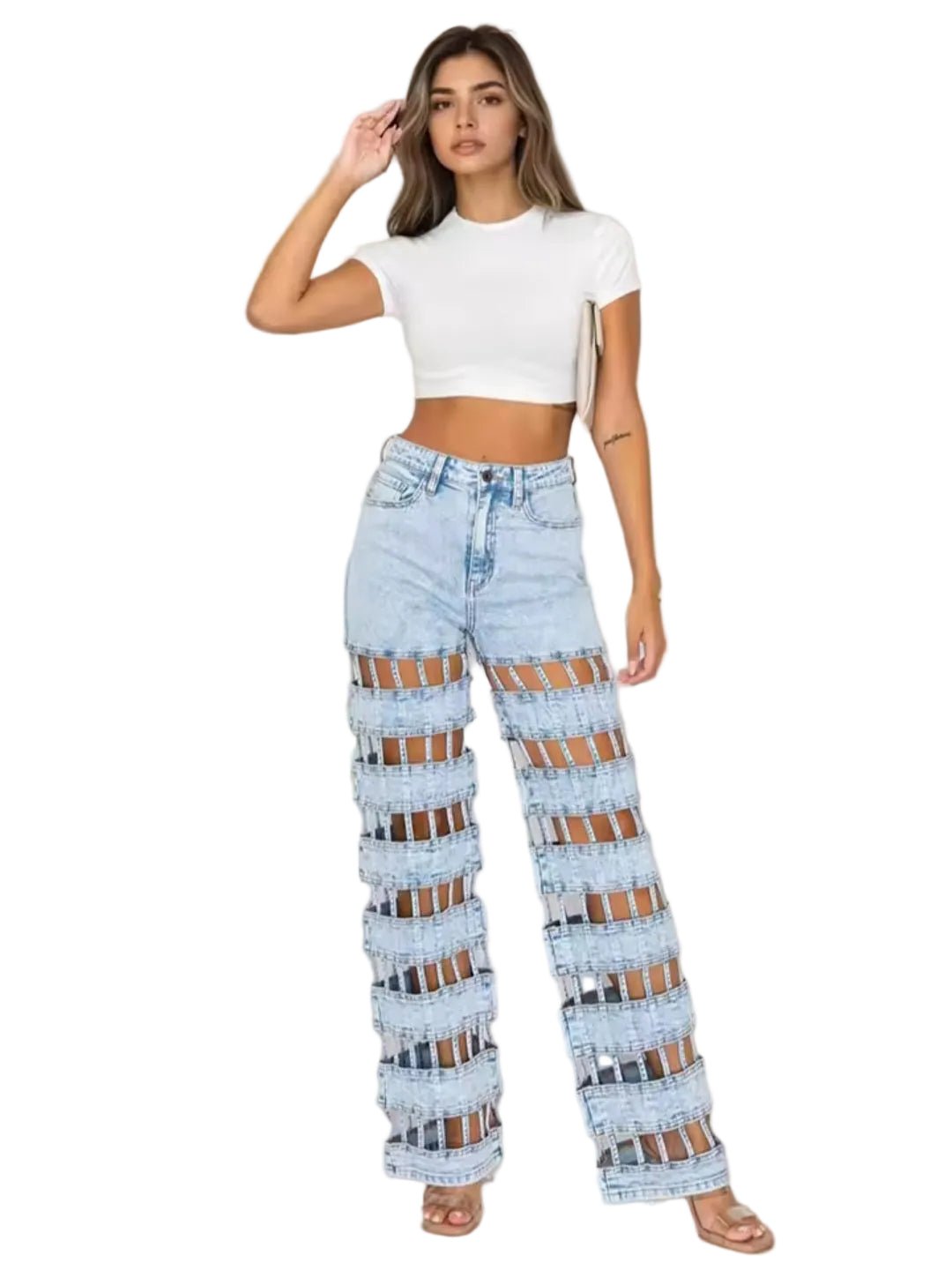 Fashion Hollow Out Denim Pants – High Waist Wide Leg Streetwear Jeans - GLITCH - BELLE