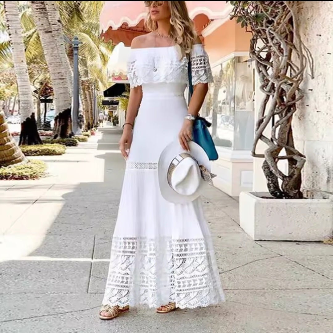 2025 Banquet Princess Sleeve Wrap Hips Dress Women Chic Stitch White Lace Party Dress Elegant High Waist One Shoulder Long Dress - GLITCH - BELLE