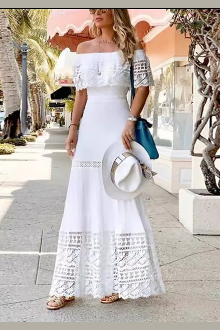 GLITCH-BELLE Women's White Lace One-Shoulder Princess Sleeve Maxi Dress - GLITCH-BELLE