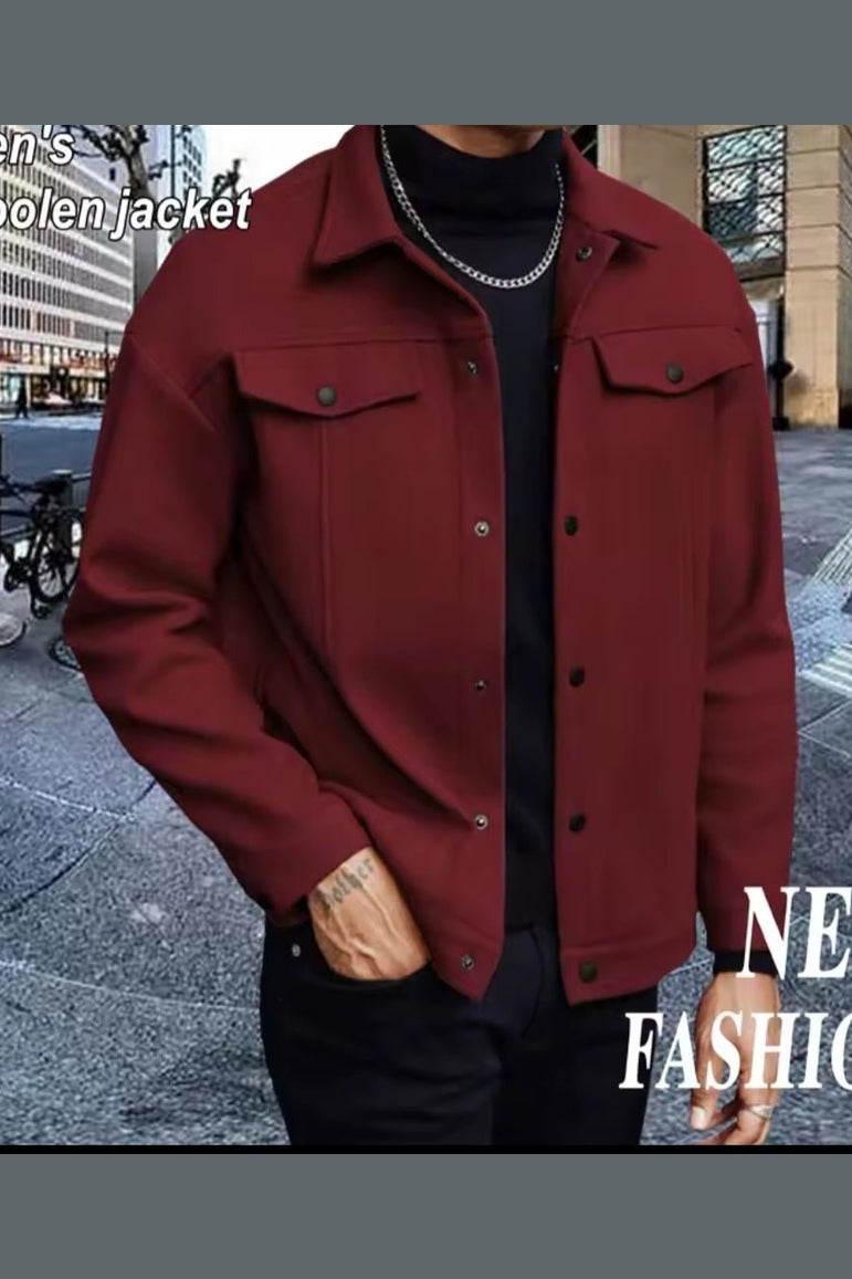 Men's Wool Collar Short Jacket – Business Casual Cardigan with Chest Pocket - GLITCH - BELLE