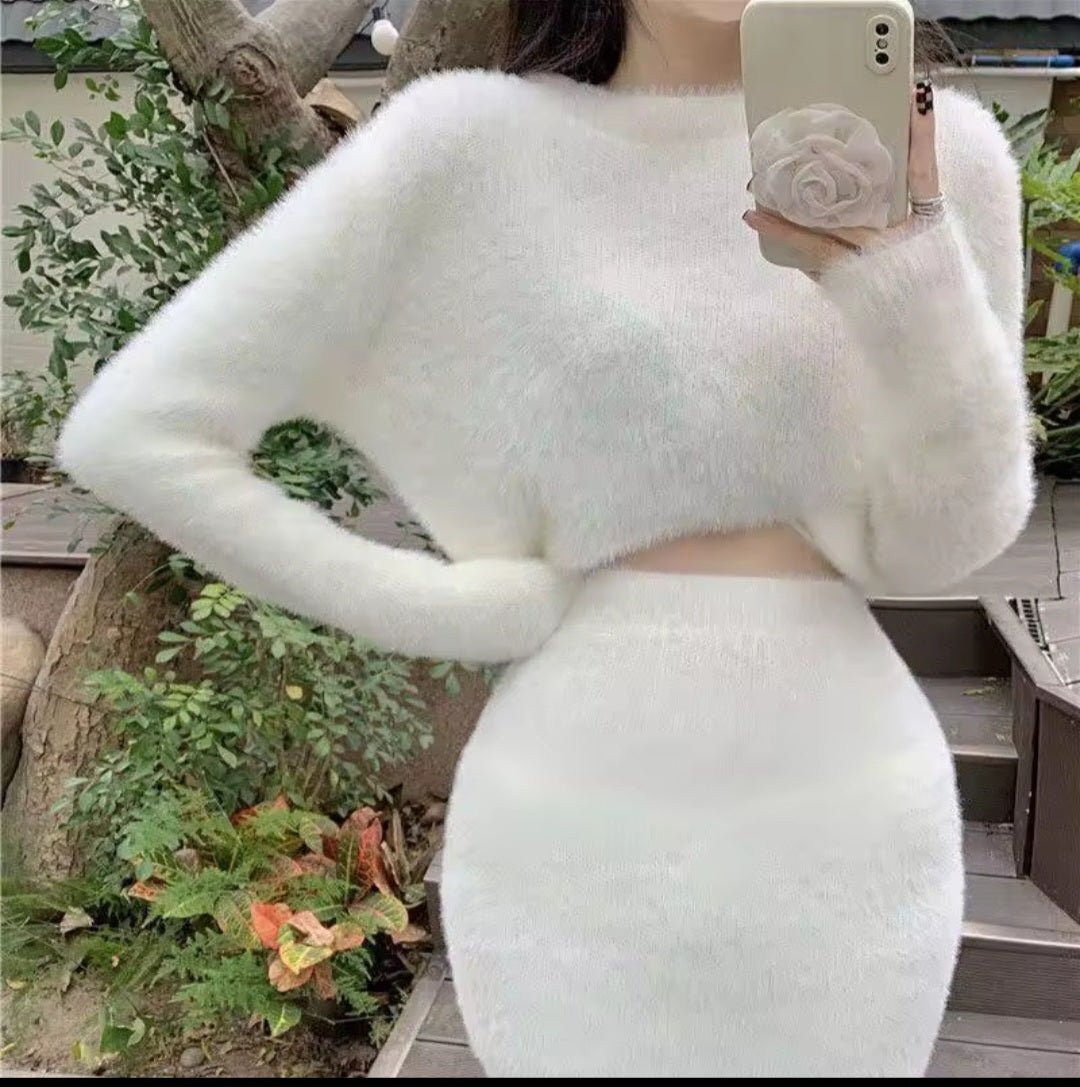 Women Two Piece Skirt Set – Knit Wrap Hip Skirt & Long Sleeve Sweater - GLITCH - BELLE