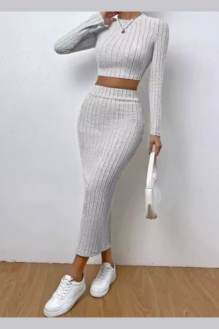 Autumn Solid Color Skirt 2-Piece Set – Women's Round Neck Long Sleeve Top & Hip Cover Skirt - GLITCH-BELLE