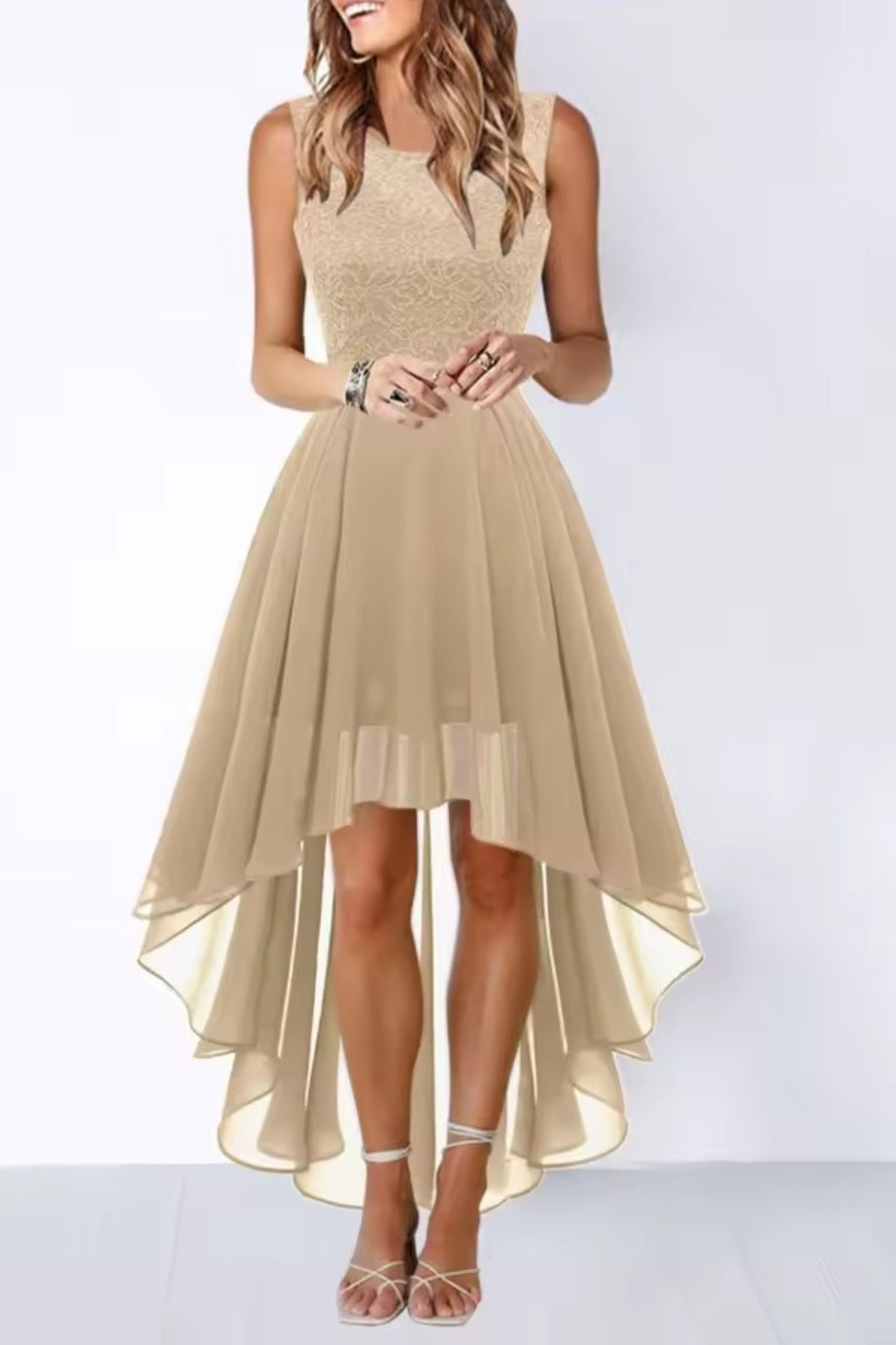 Elegant High-Waisted Chiffon High-Low Dress - Wedding Guest Formal - GLITCH-BELLE