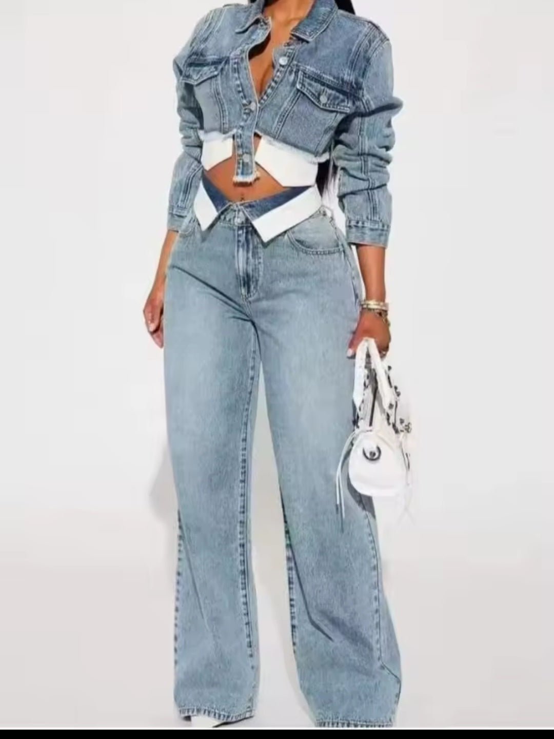 Streetwear Denim 2 - Piece Tracksuit Set | Long Sleeve Jacket & Straight - Leg Jeans - GLITCH - BELLE