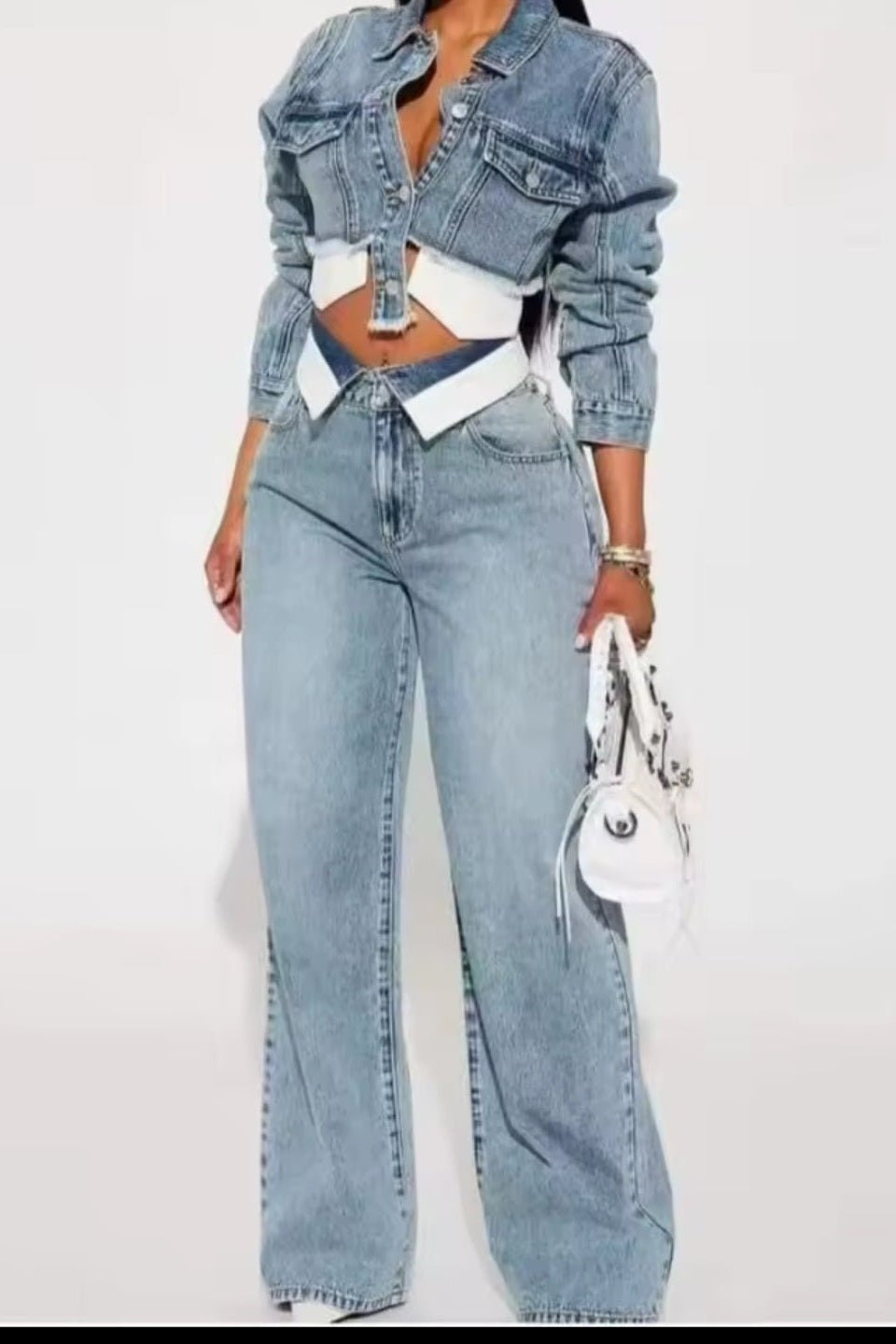 Streetwear Denim 2 - Piece Tracksuit Set | Long Sleeve Jacket & Straight - Leg Jeans - GLITCH - BELLE