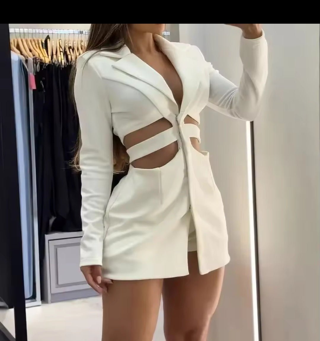 Sexy Cutout Blazer Collar Slim Waist Straight Dress – Women's Pure Desire Vibe Fashion Dress 2025 - GLITCH - BELLE