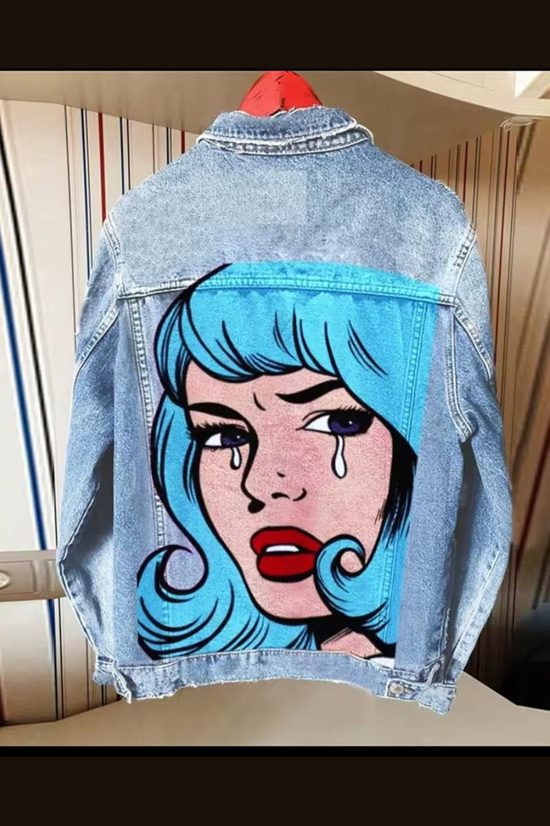 Women's Retro Loose Single - Breasted Lapel Denim Jacket - GLITCH - BELLE