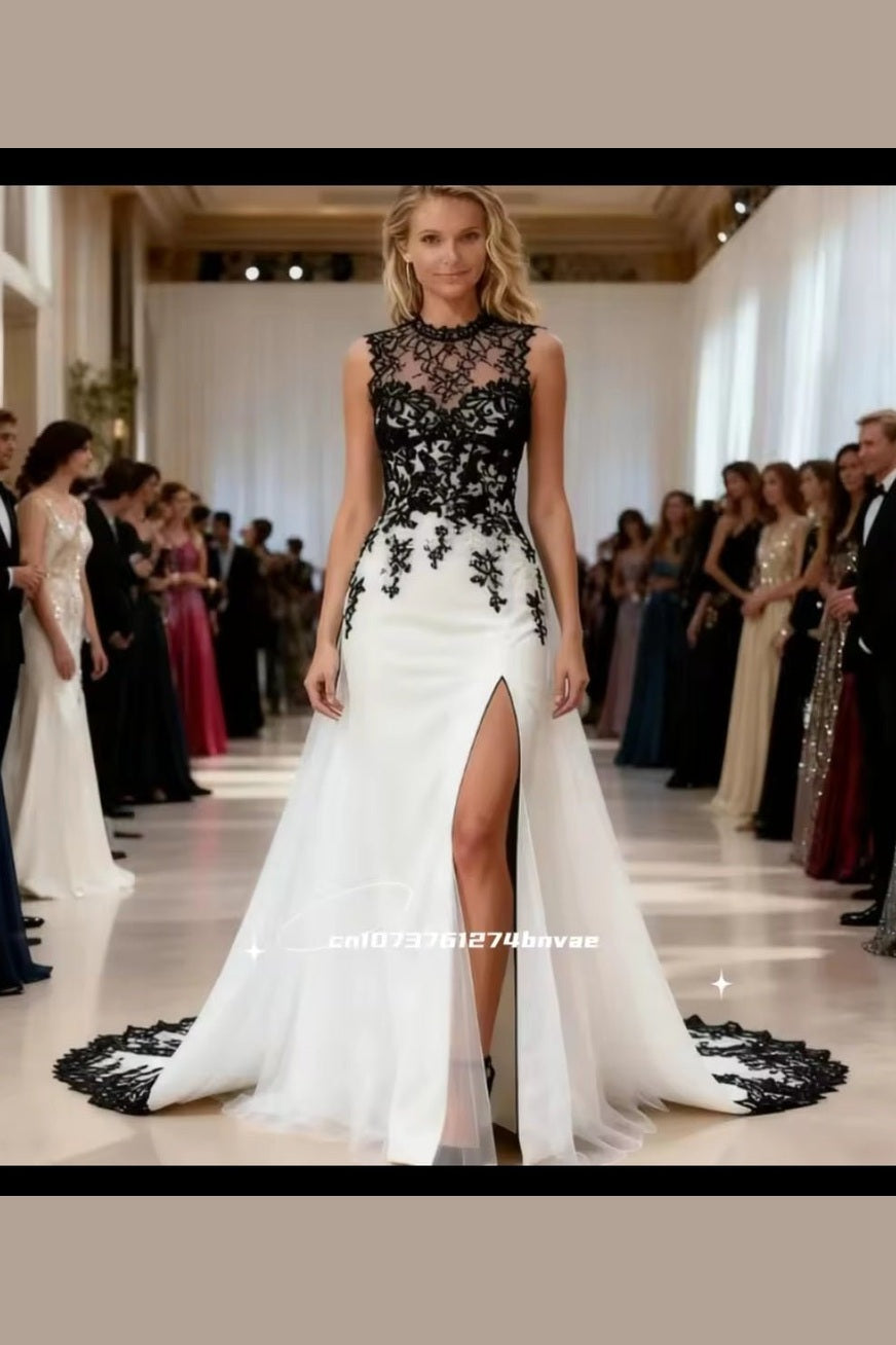 Elegant Black & White Wedding Dress with Detachable Train – Side Slit Lace Appliqué Sleeveless Long Bridal Gown - GLITCH-BELLE