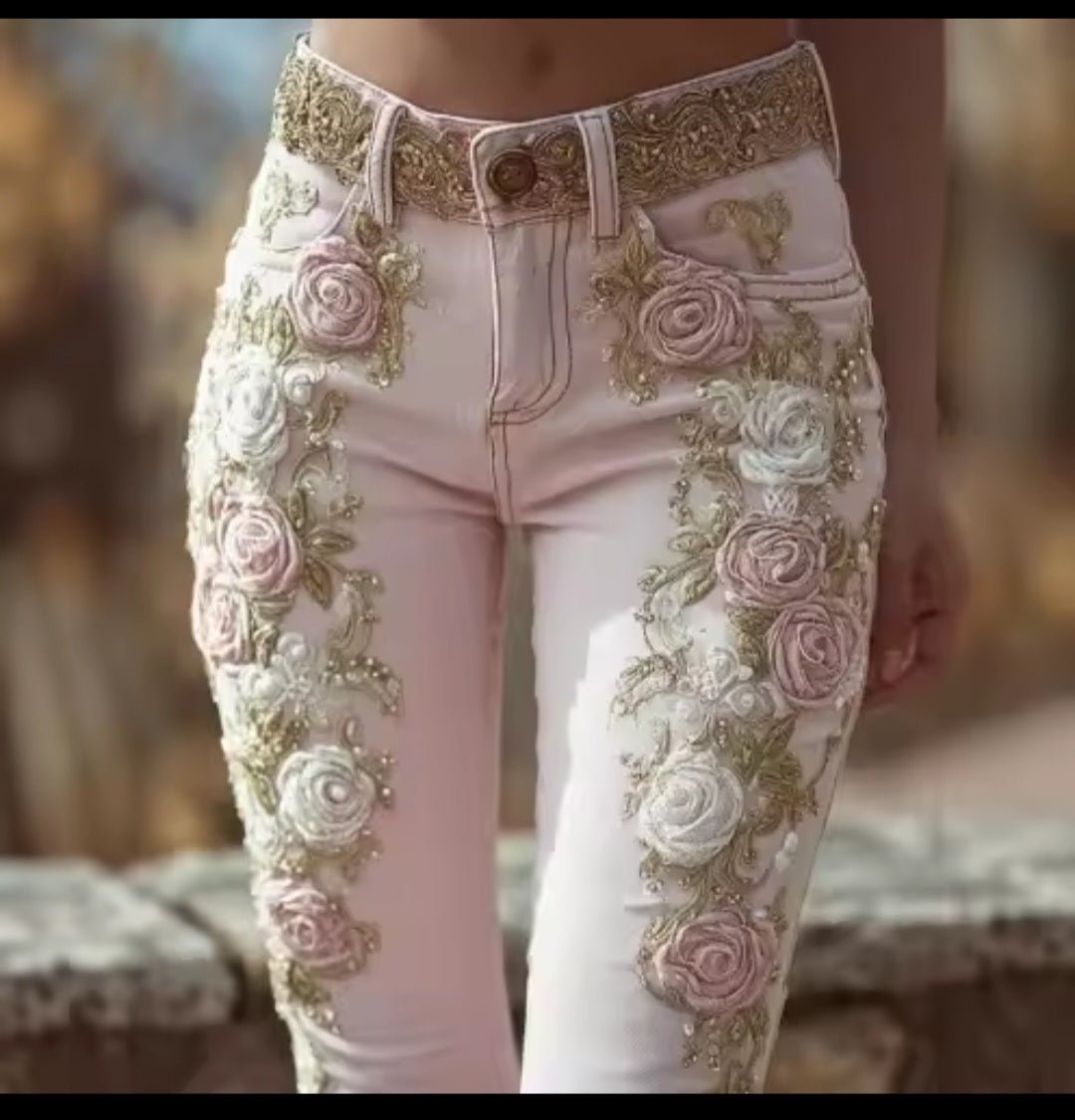 Women's Retro Pink Rose Embroidery Jeans - GLITCH - BELLE