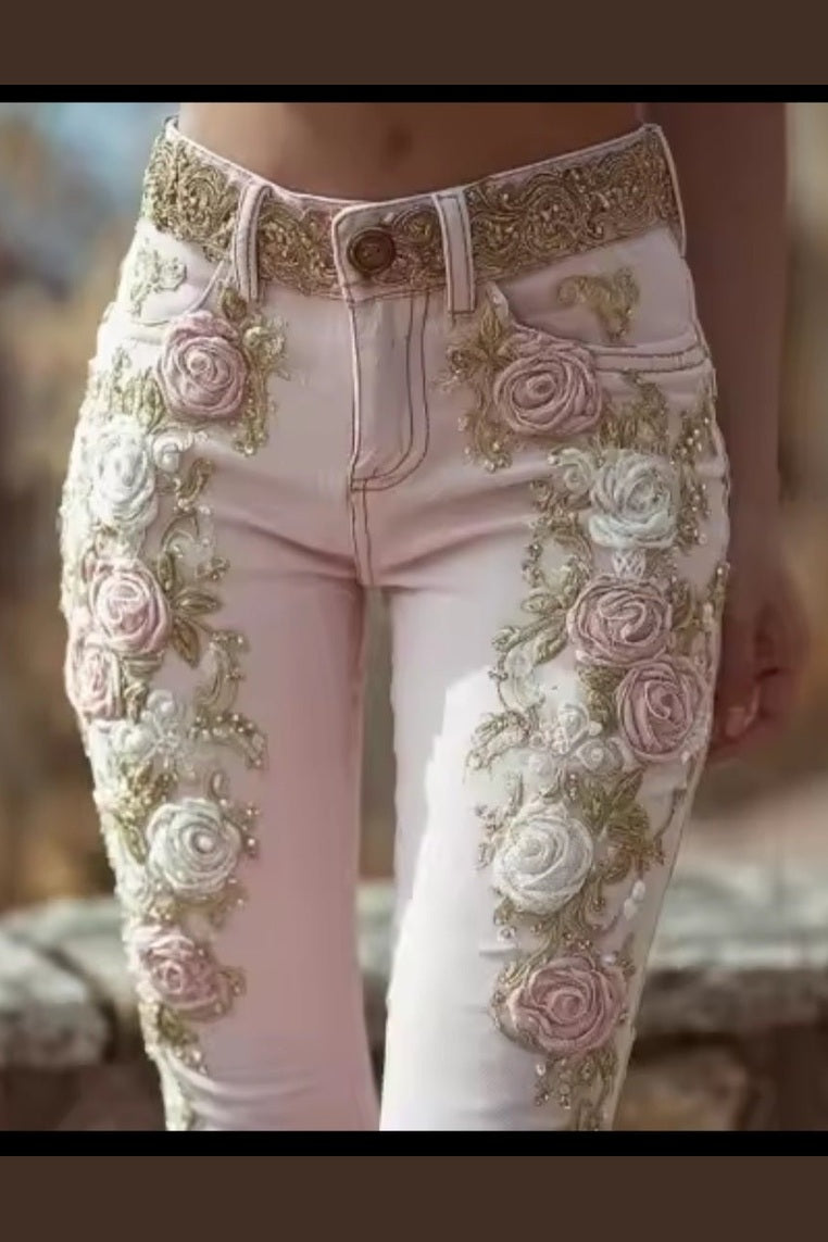Women's Retro Pink Rose Embroidery Jeans - GLITCH - BELLE
