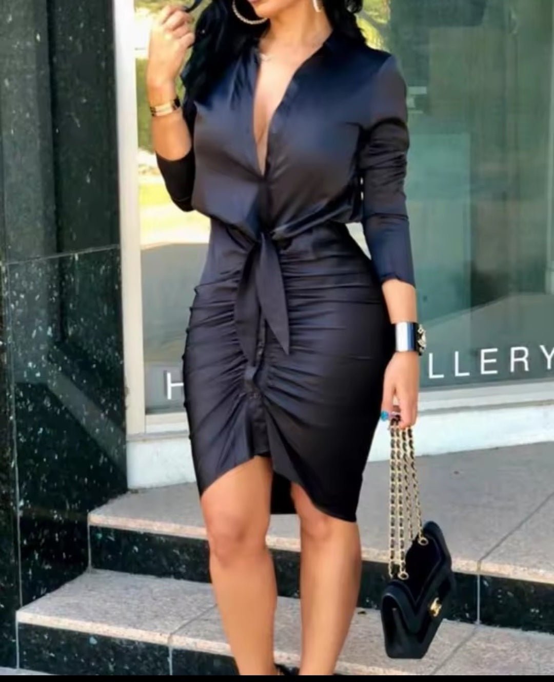 V - Neck Long Sleeve Wrap Midi Dress - GLITCH - BELLE